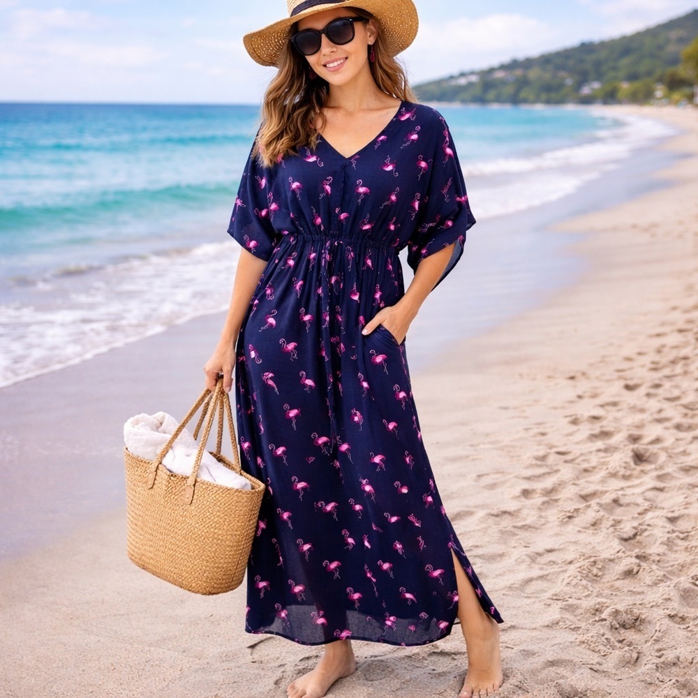 Agnes Dora Kaftan Dress Flamingo Print Maxi Lounge Beach Vacation Soft